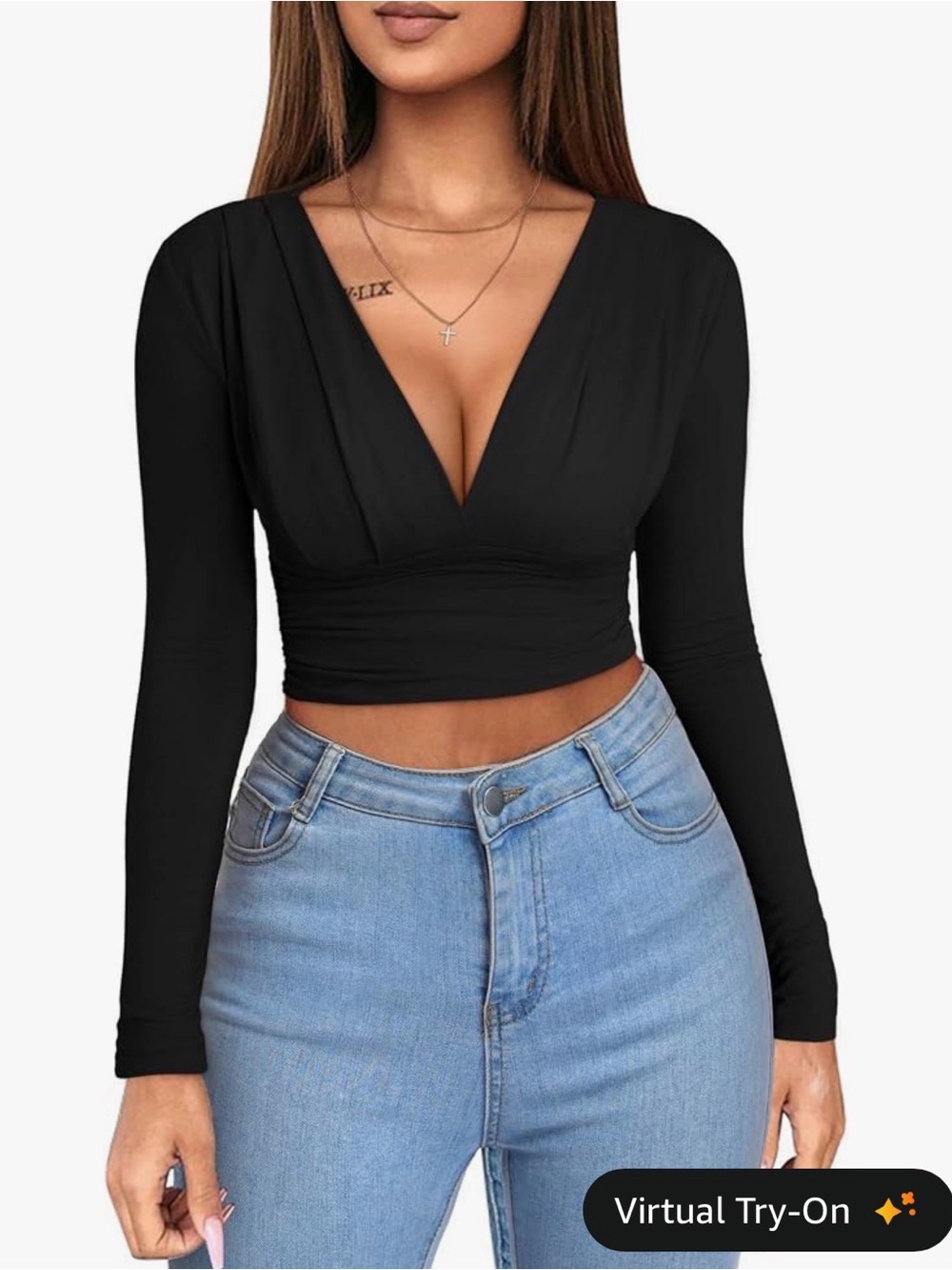 Slim Fit Black V-Neck Long Sleeve Crop Top